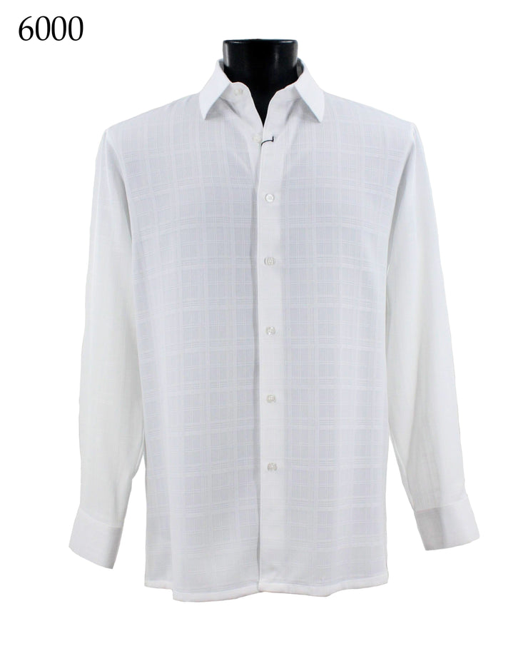 Bassiri Long Sleeve Button Down Casual Tone on Tone Men's Shirt - Shadow Grid Pattern White #6000