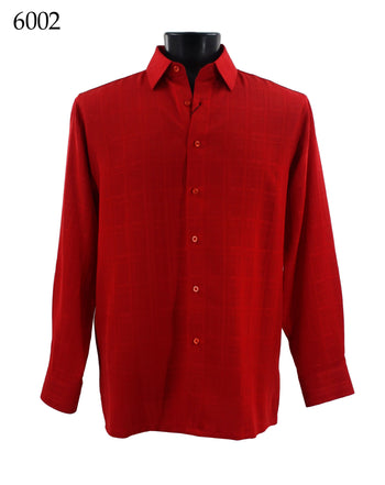 Bassiri Long Sleeve Button Down Casual Tone on Tone Men's Shirt - Grid Pattern Red #6002