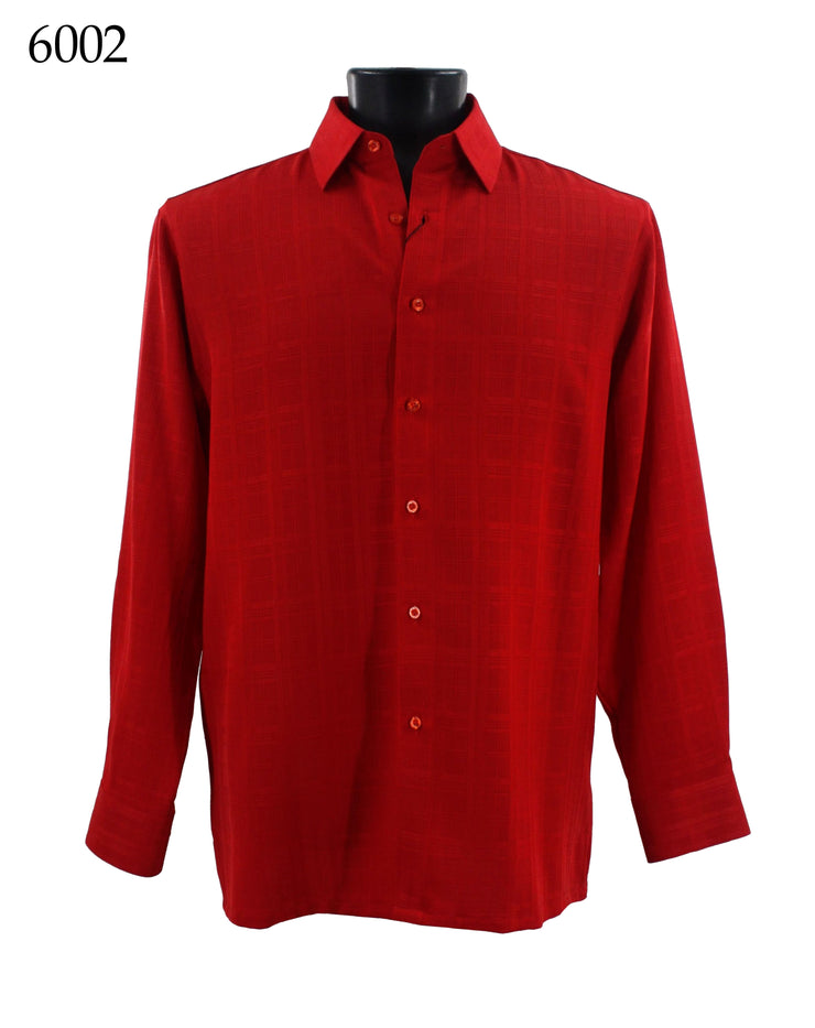 Bassiri Long Sleeve Button Down Casual Tone on Tone Men's Shirt - Grid Pattern Red #6002