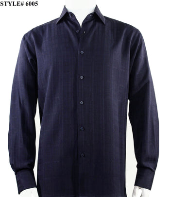 Bassiri Long Sleeve Button Down Casual Tone on Tone Men's Shirt - Grid Pattern Navy #6005