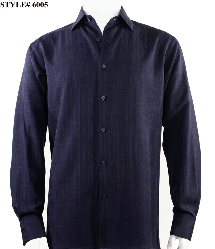 Bassiri Long Sleeve Button Down Casual Tone on Tone Men's Shirt - Grid Pattern Navy #6005