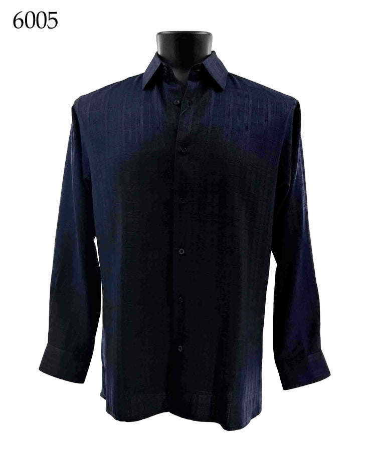 Bassiri Long Sleeve Button Down Casual Tone on Tone Men's Shirt - Shadow Grid Pattern Navy #6005