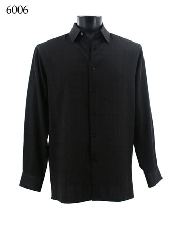 Bassiri Long Sleeve Button Down Casual Tone on Tone Men's Shirt - Shadow Grid Pattern Black #6006