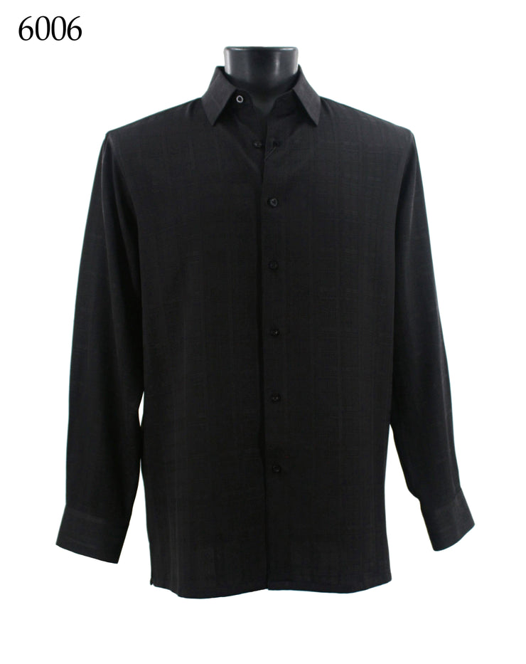 Bassiri Long Sleeve Button Down Casual Tone on Tone Men's Shirt - Shadow Grid Pattern Black #6006