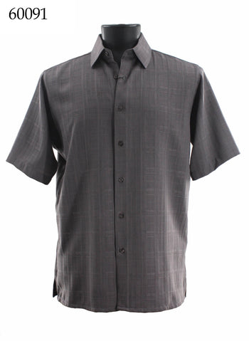 Bassiri Short Sleeve Button Down Casual Printed Men's Shirt - Square Pattern Grey #60091