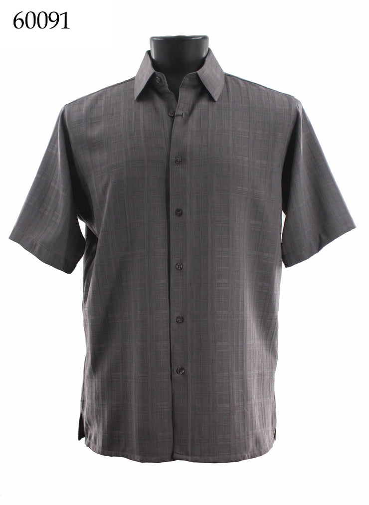 Bassiri Short Sleeve Button Down Casual Printed Men's Shirt - Square Pattern Grey #60091