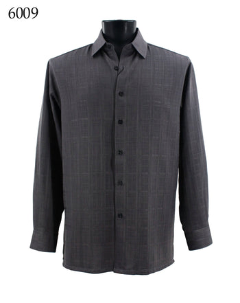 Bassiri Long Sleeve Button Down Casual Tone on Tone Men's Shirt - Grid Pattern Grey #6009