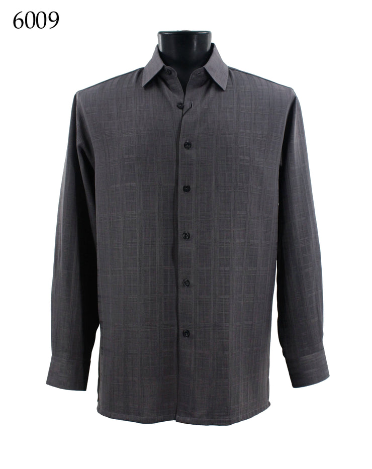 Bassiri Long Sleeve Button Down Casual Tone on Tone Men's Shirt - Grid Pattern Grey #6009