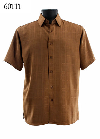 Bassiri Short Sleeve Button Down Casual Printed Men's Shirt - Square Pattern Mocha #60111