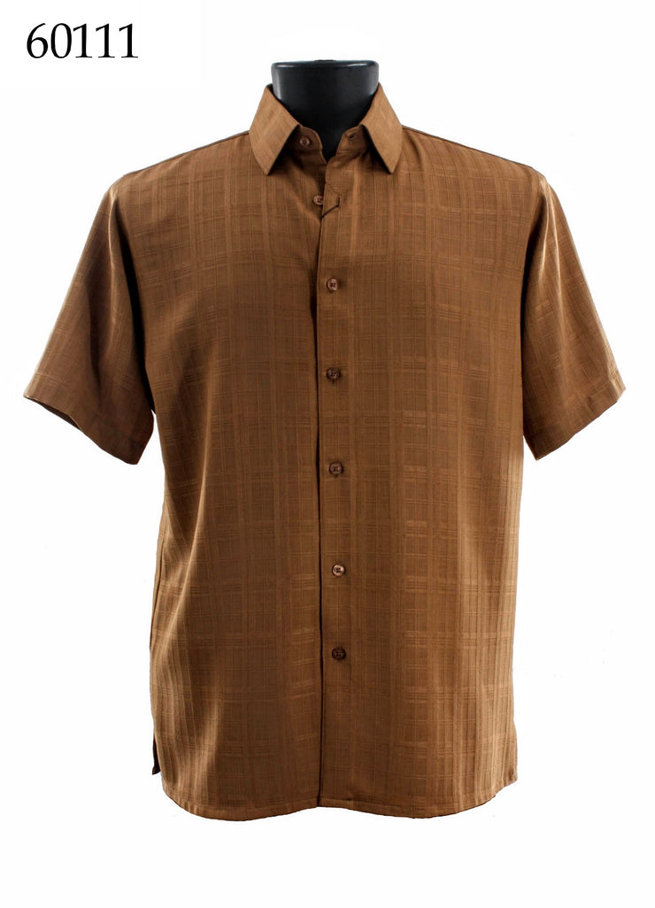 Bassiri Short Sleeve Button Down Casual Printed Men's Shirt - Square Pattern Mocha #60111