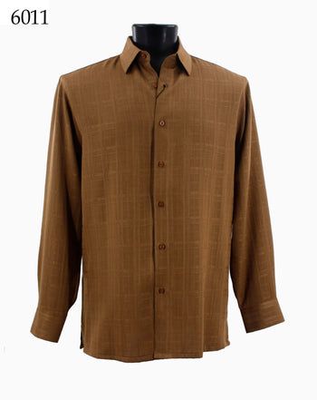 Bassiri Long Sleeve Button Down Casual Printed Men's Shirt - Square Pattern Mocha #6011