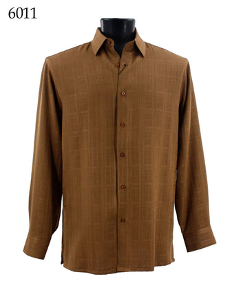 Bassiri Long Sleeve Button Down Casual Tone on Tone Men's Shirt - Grid Pattern Mocha #6011