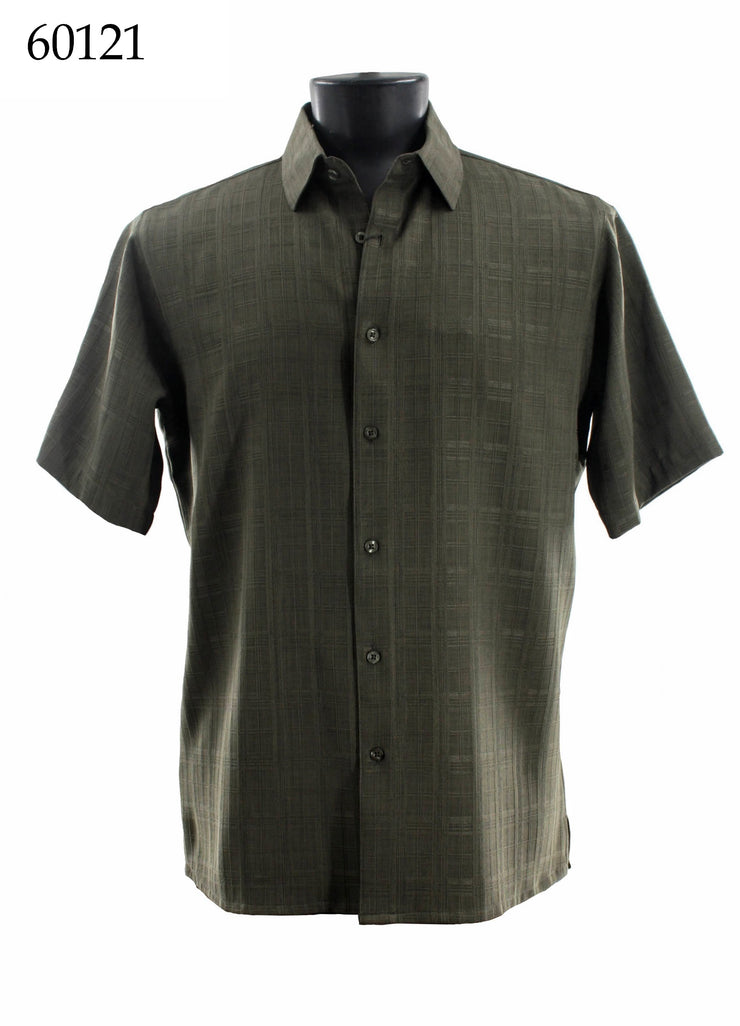 Bassiri Short Sleeve Button Down Casual Printed Men's Shirt - Square Pattern Olive #60121