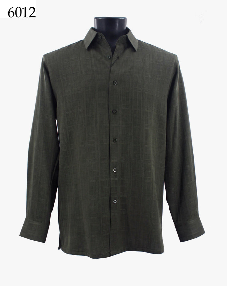 Bassiri Long Sleeve Button Down Casual Printed Men's Shirt - Square Pattern Olive #6012