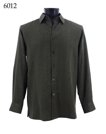 Bassiri Long Sleeve Button Down Casual Tone on Tone Men's Shirt - Grid Pattern Olive #6012