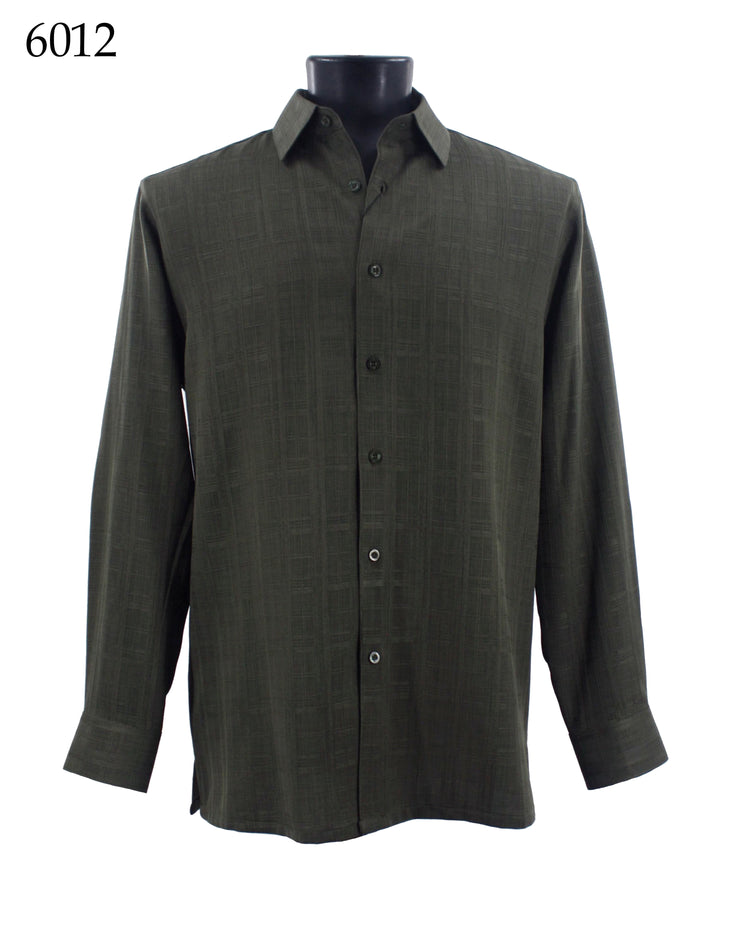 Bassiri Long Sleeve Button Down Casual Tone on Tone Men's Shirt - Grid Pattern Olive #6012