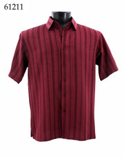 Bassiri Short Sleeve Button Down Casual Tone on Tone Men's Shirt - Shadow Stripe Pattern Burgundy #61211