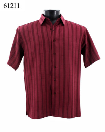 Bassiri Short Sleeve Button Down Casual Tone on Tone Men's Shirt - Shadow Stripe Pattern Burgundy #61211