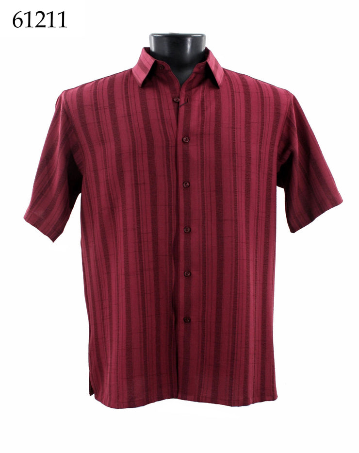 Bassiri Short Sleeve Button Down Casual Tone on Tone Men's Shirt - Shadow Stripe Pattern Burgundy #61211