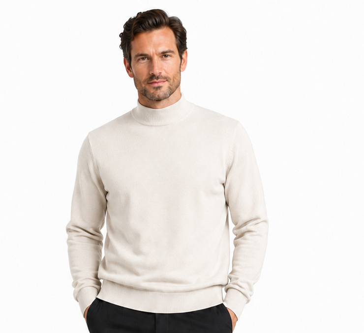 Bassiri Mock Neck Men's Sweater - Solid Pattern Ivory #630
