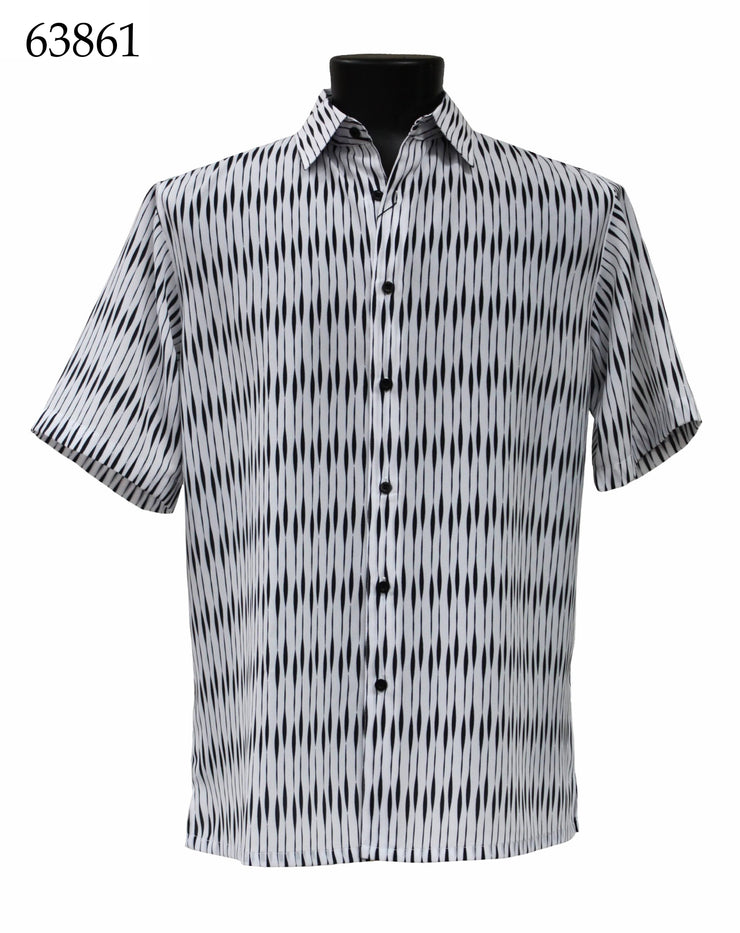 Bassiri Short Sleeve Button Down Casual Printed Men's Shirt - Diamonds Pattern White #63861