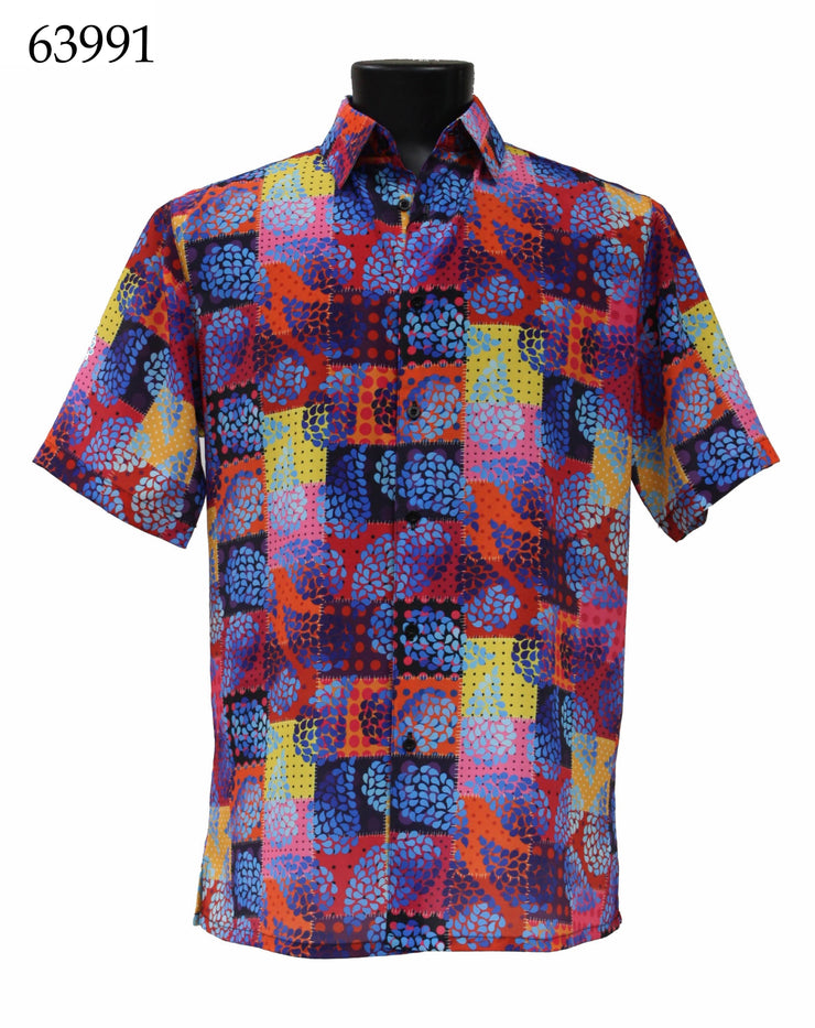 Bassiri Short Sleeve Button Down Casual Printed Men's Shirt - Leaf Pattern Multi #63991