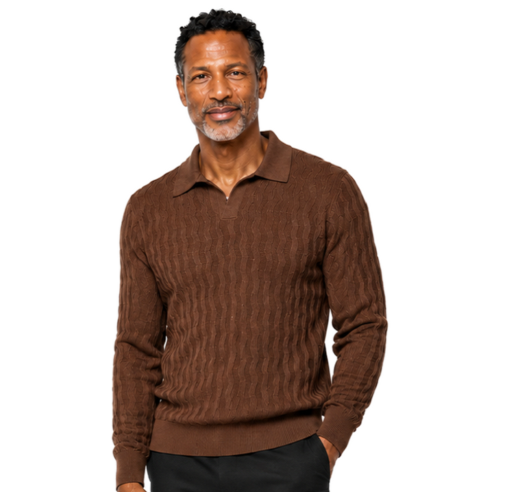 Bassiri Collar Neck Men's Sweater - Vertical Wave Pattern Brown #639