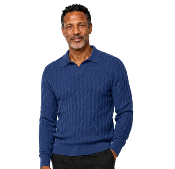 Bassiri Collar Neck Men's Sweater - Vertical Wave Pattern Navy #639