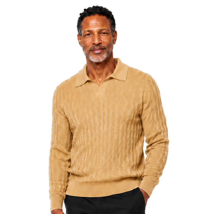 Bassiri Collar Neck Men's Sweater - Vertical Wave Pattern Tan #639