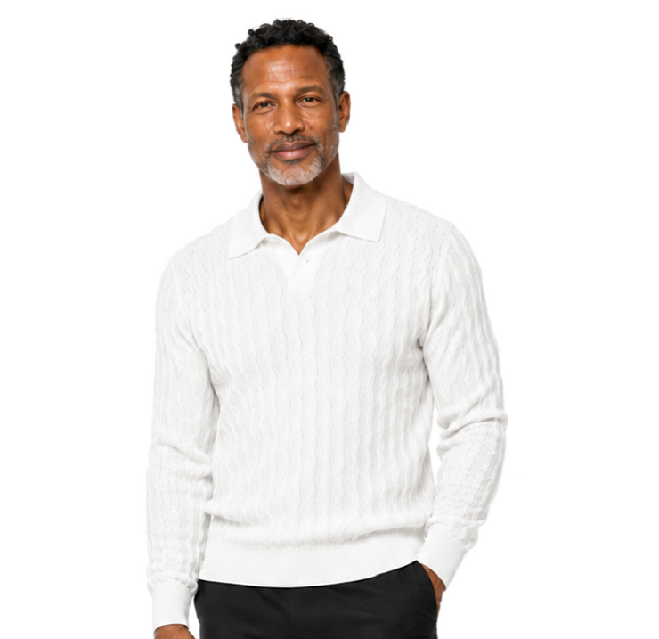 Bassiri Collar Neck Men's Sweater - Vertical Wave Pattern White #639