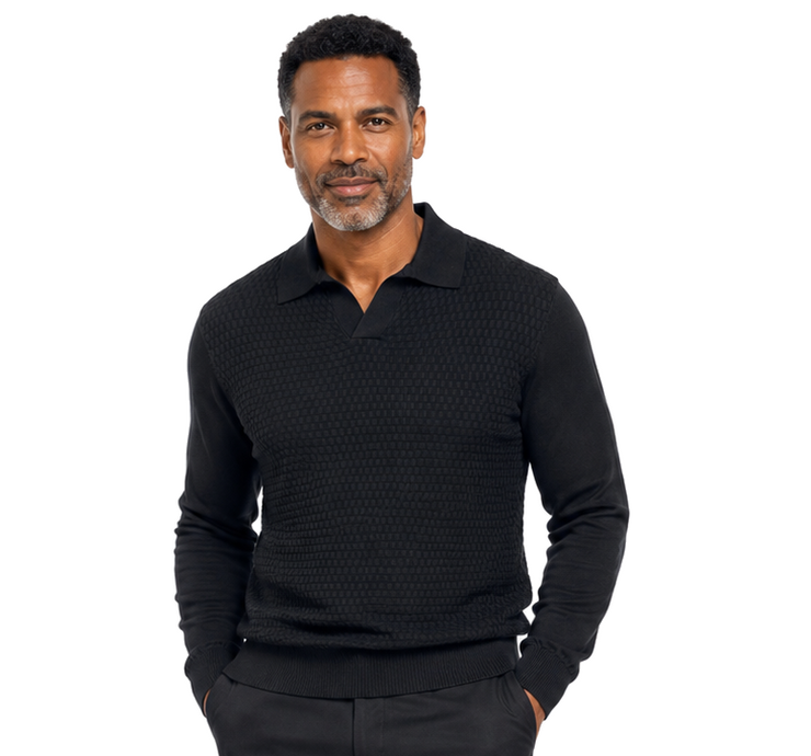 Bassiri Collar Neck Men's Sweater - Textured Honeycomb Pattern Black #640