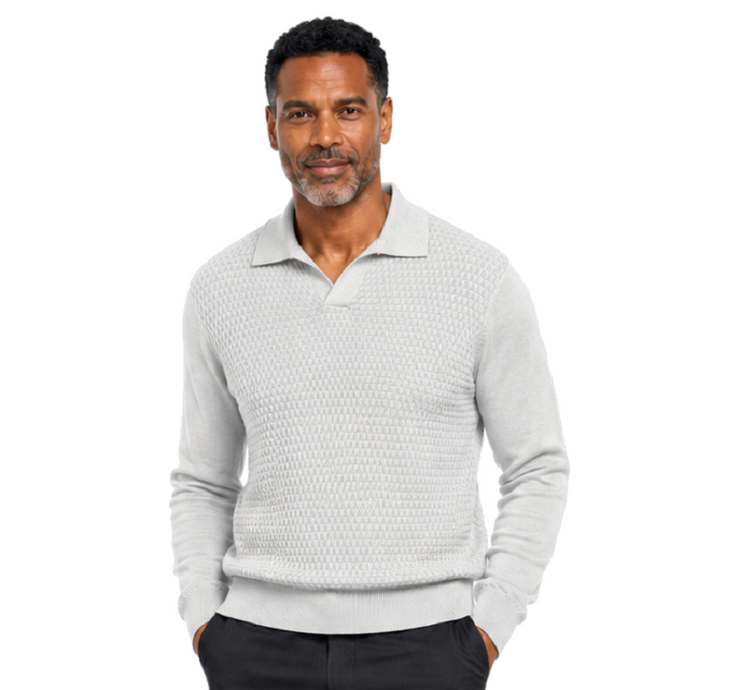 Bassiri Collar Neck Men's Sweater - Textured Honeycomb Pattern Grey #640