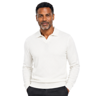 Bassiri Collar Neck Men's Sweater - Textured Honeycomb Pattern White #640