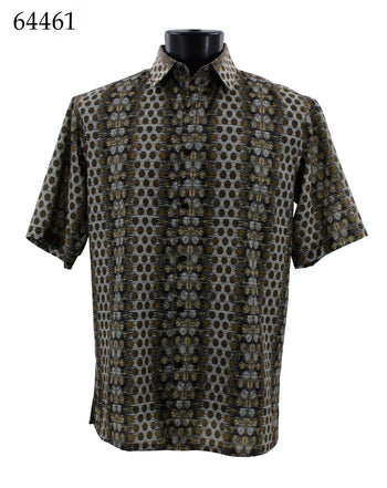 Bassiri Short Sleeve Button Down Casual Printed Men's Shirt - Circle Stripe Pattern Brown #64461