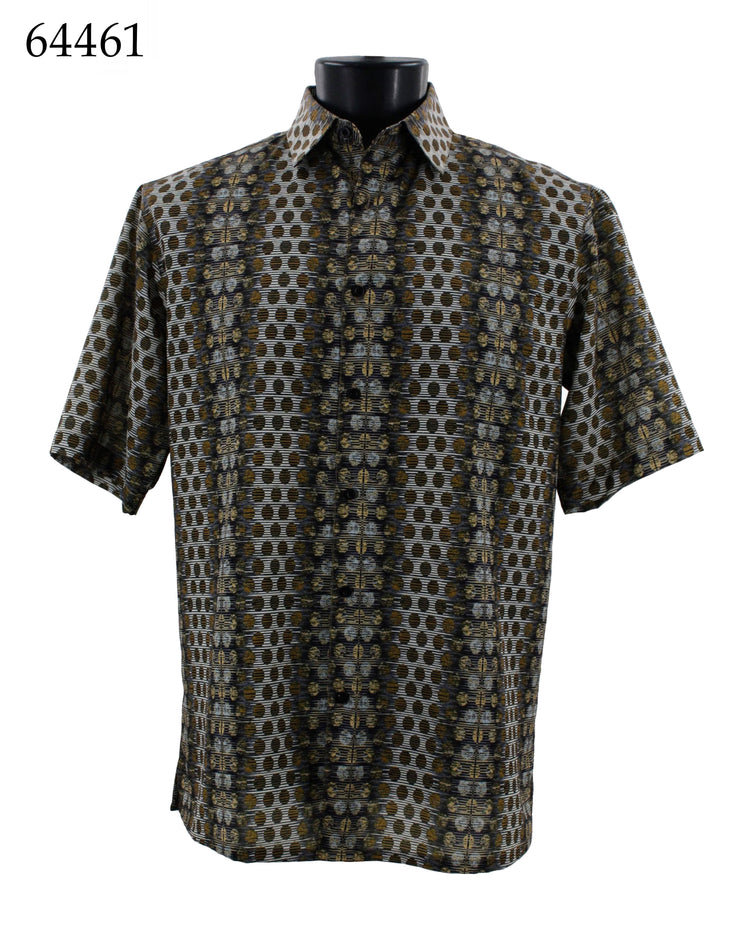 Bassiri Short Sleeve Button Down Casual Printed Men's Shirt - Circle Stripe Pattern Brown #64461