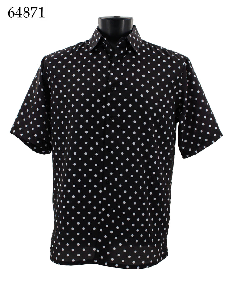 Bassiri Short Sleeve Button Down Casual Printed Men's Shirt - Polka Dot Pattern Black #64871