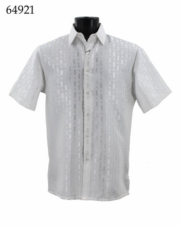 Bassiri Short Sleeve Button Down Casual Tone on Tone Men's Shirt - Shiny Pattern White #64921