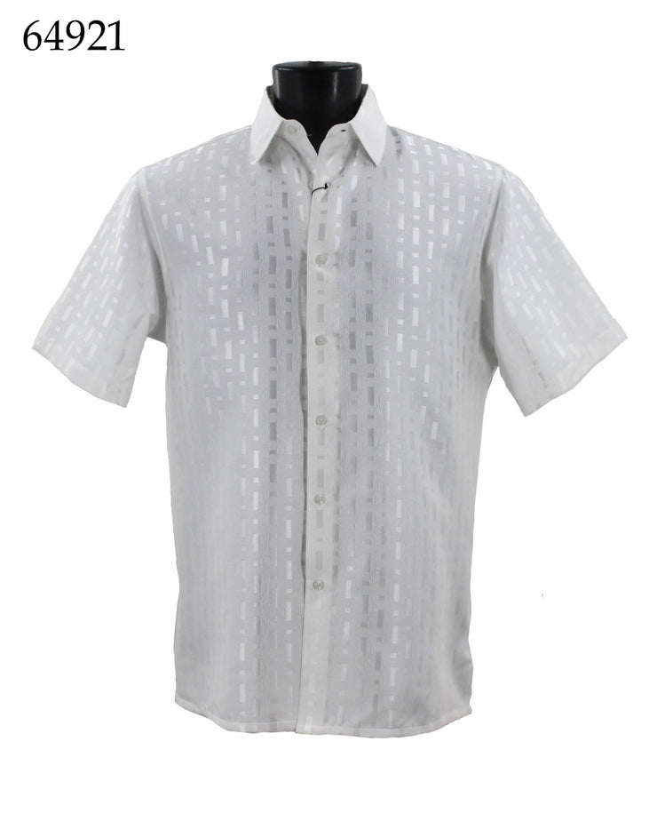 Bassiri Short Sleeve Button Down Casual Tone on Tone Men's Shirt - Shiny Pattern White #64921