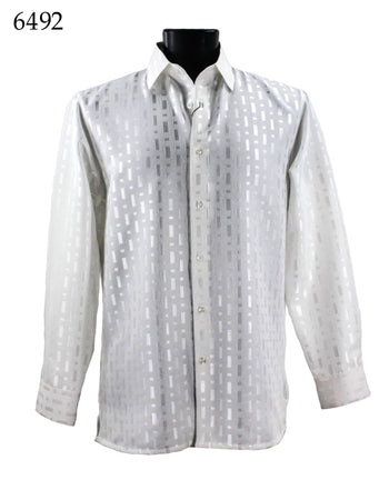 Bassiri Long Sleeve Button Down Casual Printed Men's Shirt - Shiny Tone-on-Tone Pattern White #6492