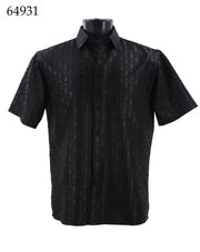 Bassiri Short Sleeve Button Down Casual Tone on Tone Men's Shirt - Shiny Pattern Black #64931
