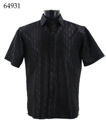 Bassiri Short Sleeve Button Down Casual Tone on Tone Men's Shirt - Shiny Pattern Black #64931