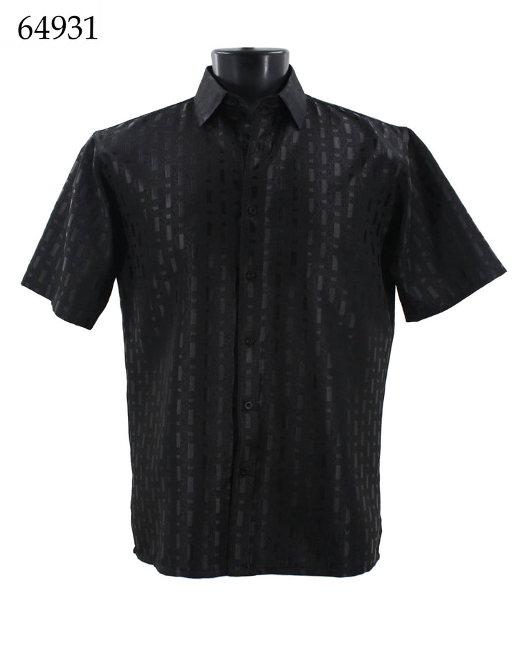 Bassiri Short Sleeve Button Down Casual Tone on Tone Men's Shirt - Shiny Pattern Black #64931