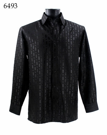 Bassiri Long Sleeve Button Down Casual Printed Men's Shirt - Shiny Tone-on-Tone Pattern Black #6493