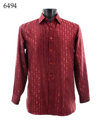 Bassiri Long Sleeve Button Down Casual Printed Men's Shirt - Shiny Tone-on-Tone Pattern Burgundy #6494