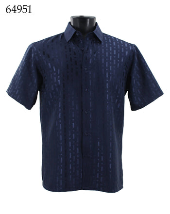 Bassiri Short Sleeve Button Down Casual Tone on Tone Men's Shirt - Shiny Pattern Navy #64951