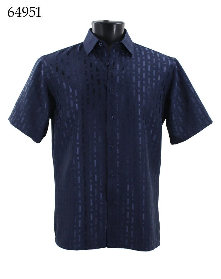 Bassiri Short Sleeve Button Down Casual Tone on Tone Men's Shirt - Shiny Pattern Navy #64951