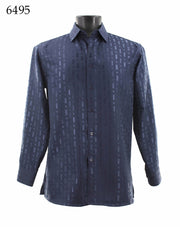 Bassiri Long Sleeve Button Down Casual Printed Men's Shirt - Shiny Tone-on-Tone Pattern Navy #6495