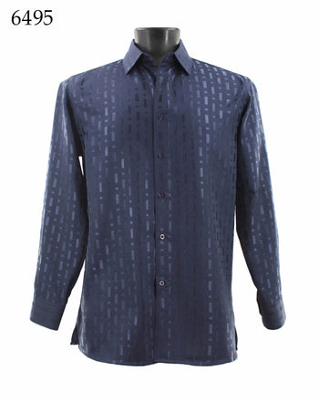 Bassiri Long Sleeve Button Down Casual Printed Men's Shirt - Shiny Tone-on-Tone Pattern Navy #6495