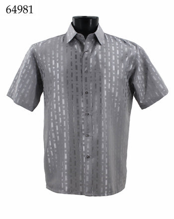 Bassiri Short Sleeve Button Down Casual Tone on Tone Men's Shirt - Shiny Pattern Silver #64981
