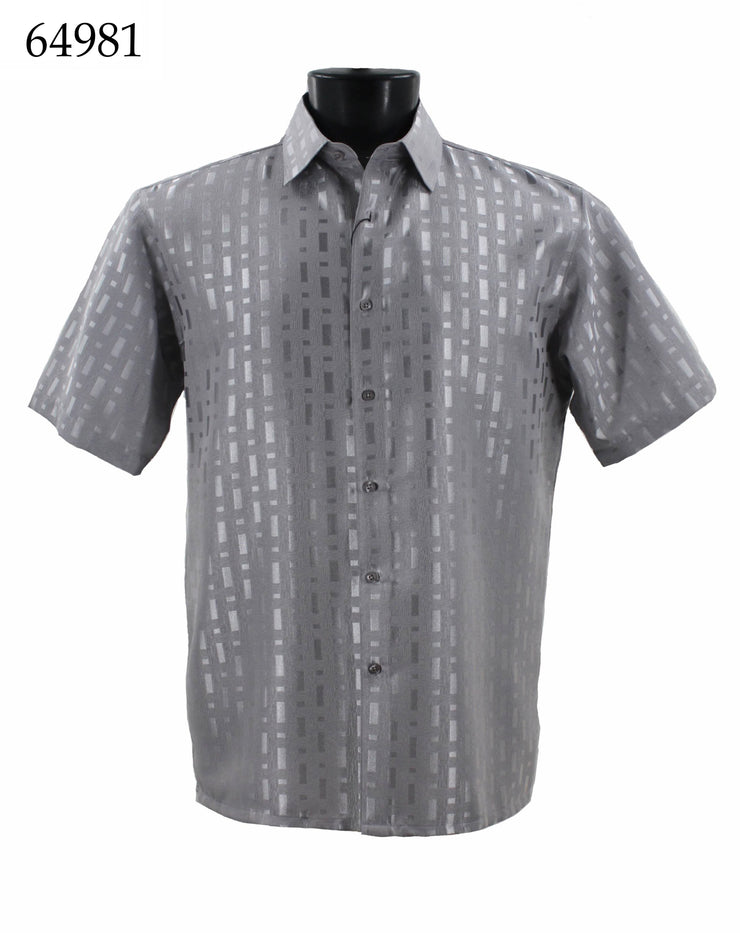 Bassiri Short Sleeve Button Down Casual Tone on Tone Men's Shirt - Shiny Pattern Silver #64981